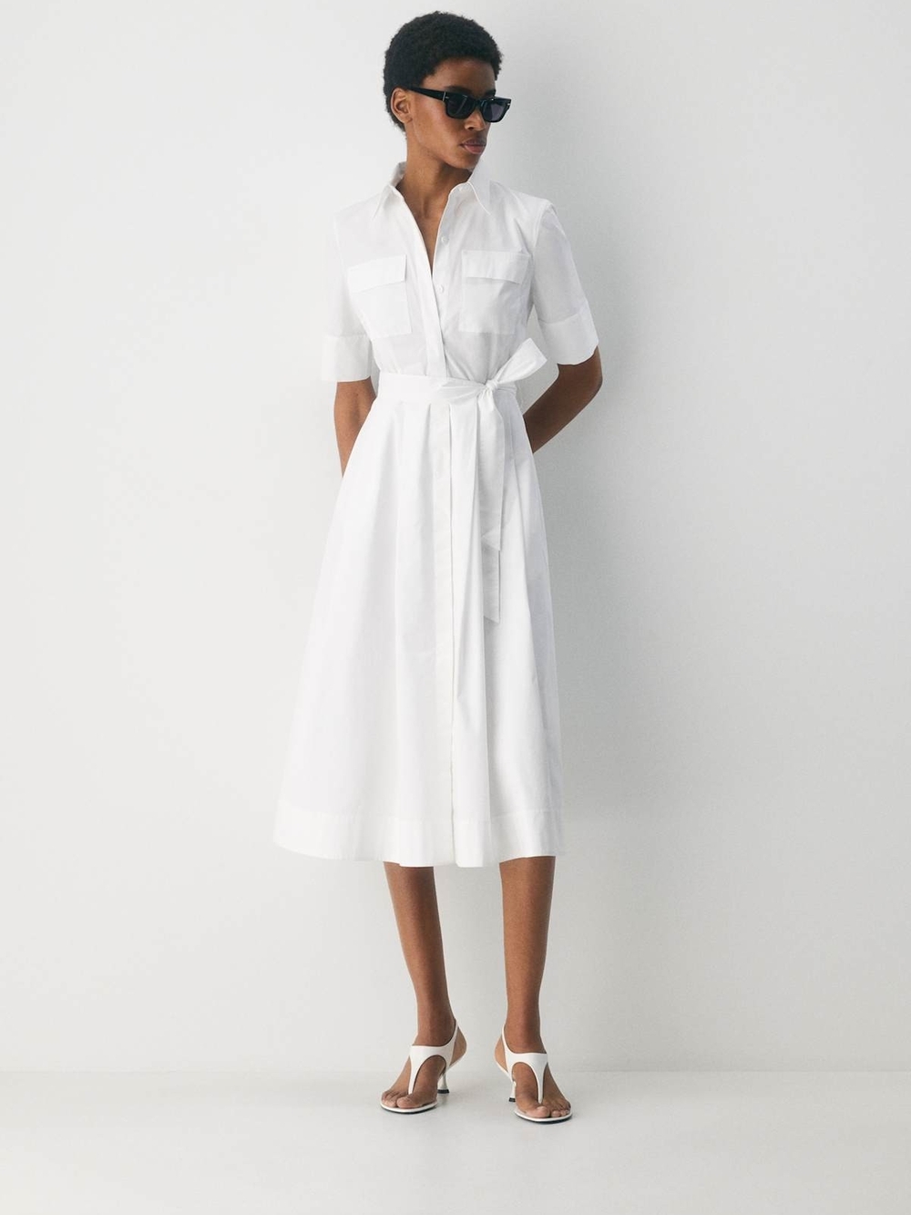 Aritzia Babaton Fresno Poplin Dress with Tie Belt and Pockets - White - Medium